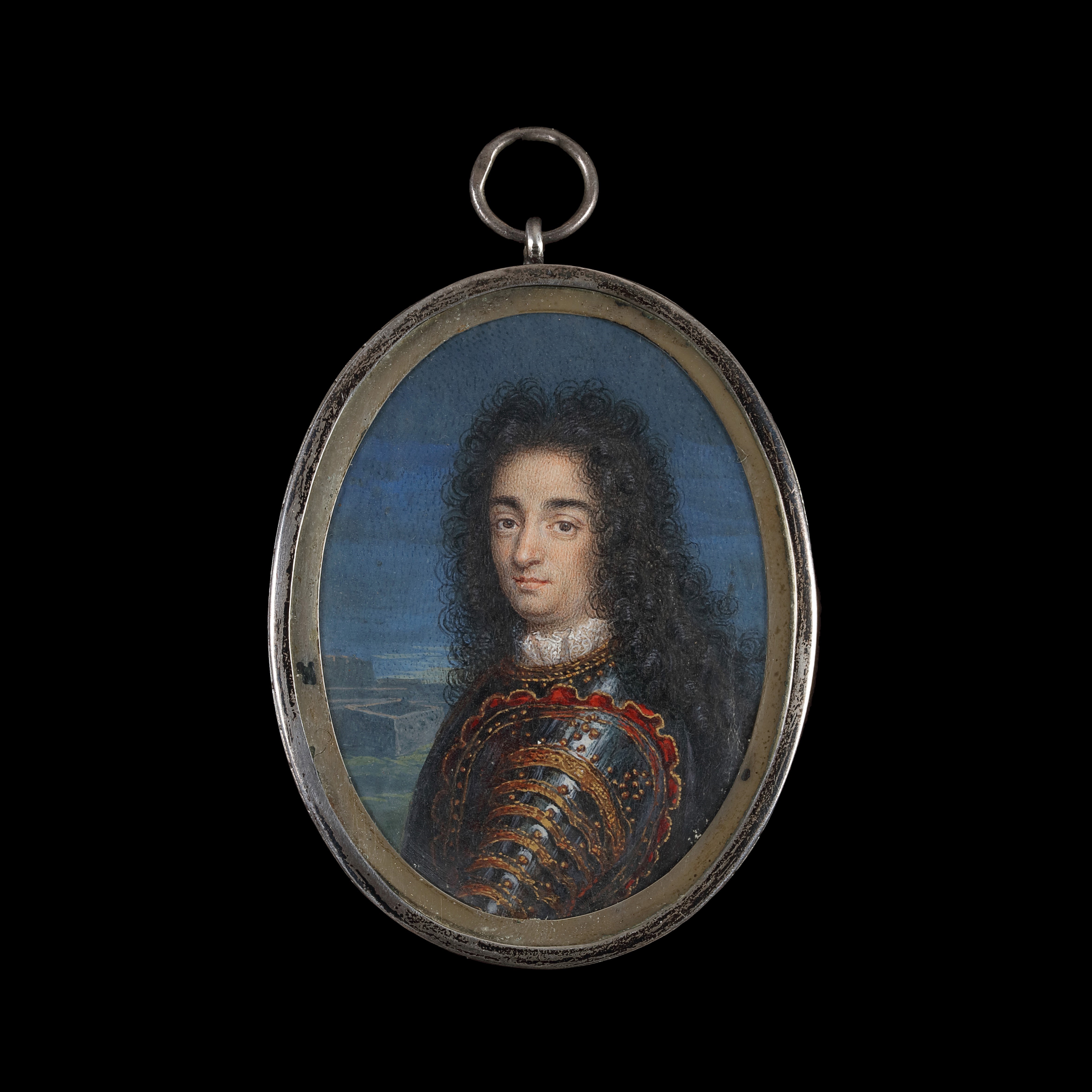 Portrait miniature of a Marshal of France, probably Marshal Louis Francis, Duc d’Boufflers (1644-1711) wearing armour with gilded decoration, long, curled wig, entrenchments in the background